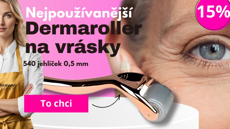 Zlatý dermaroller na vrásky s mikrojehličkami, vhodný pro profesionální i domácí použití, s nabídkou 15% slevy, vedle detailu ženské tváře.